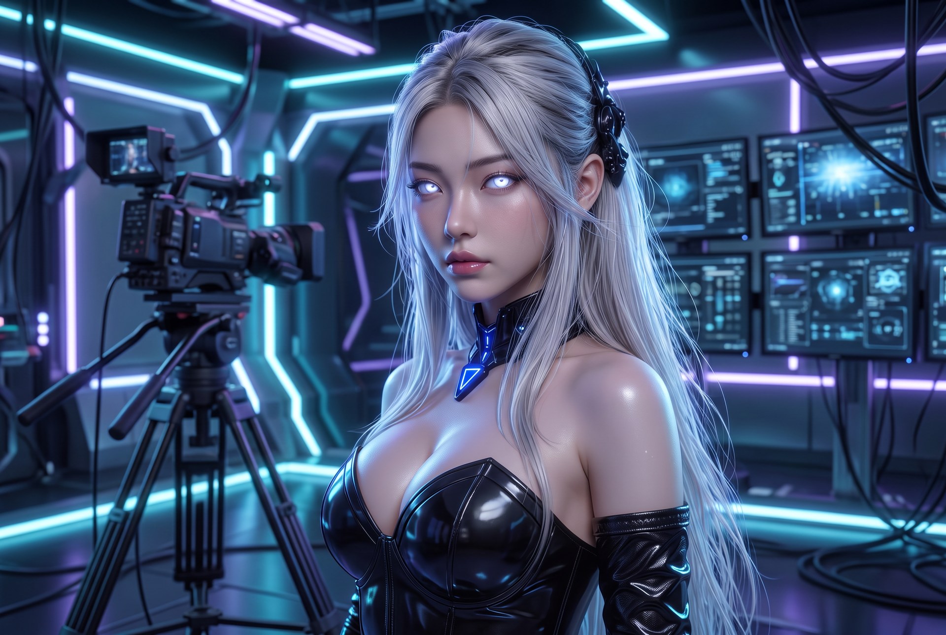 Personagem digital em iluminação cinematográfica azul e violeta