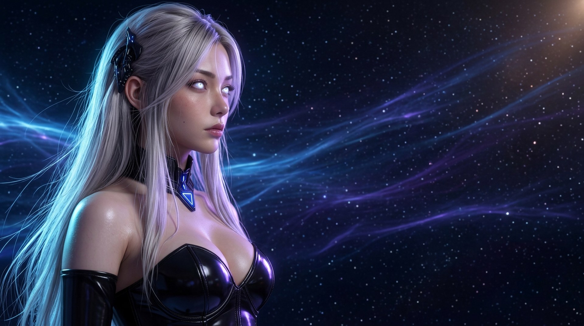Personagem do Avatar Studio AI em luz azul e violeta