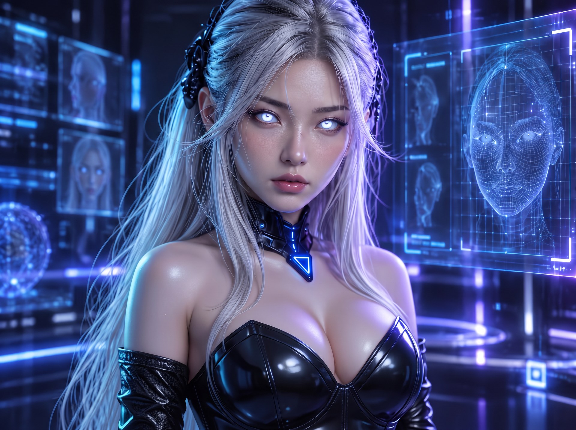 Retratos da personagem digital do Avatar Studio AI em uma galeria azul e violeta